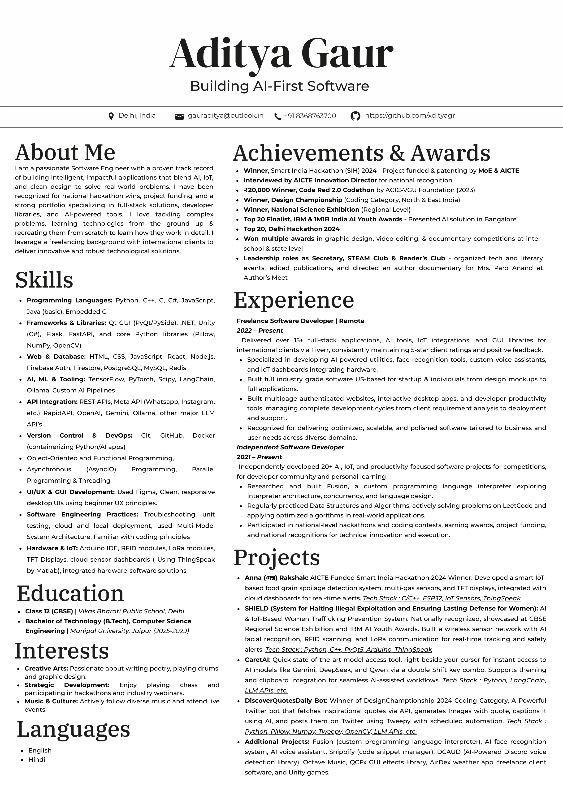 Preview of Aditya Gaur’s résumé, with experience, education, and achievements